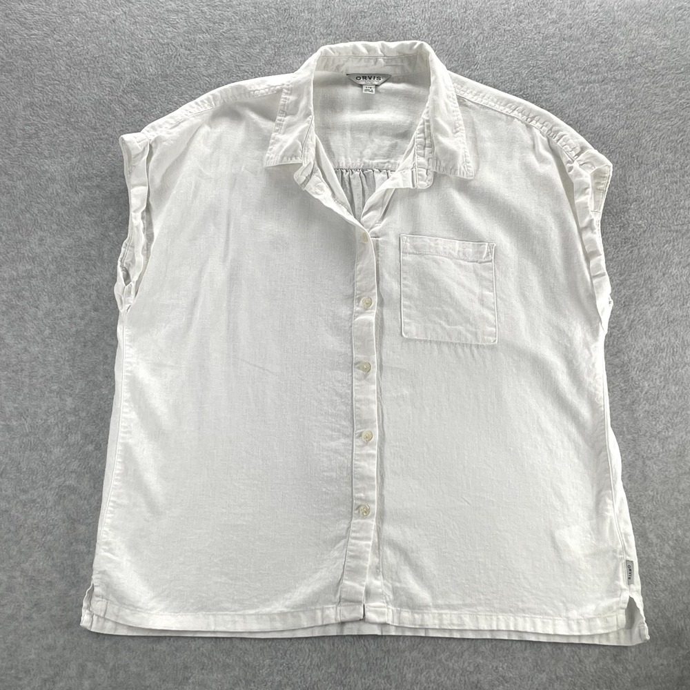 Orvis Shirt Womens Large White Linen Blend Elegant Casual Short Sleeve Side Slit